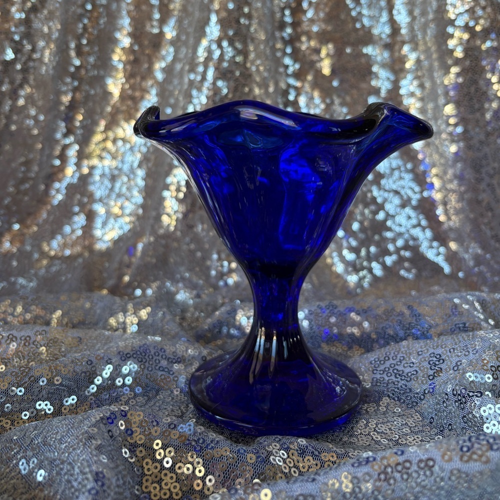 Unbranded Cobalt Blue Glass Ice Cream Sundae Dish or Bowl-Fluted, Wavy Rim